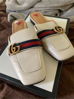 Gucci Cream Leather GG Web Slip-On Mules with Gold Hardware